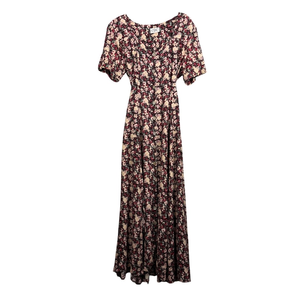 Vtg CDC Floral Maxi Dress Womens M Burgundy Cottagecore Grunge Prairie Romantic